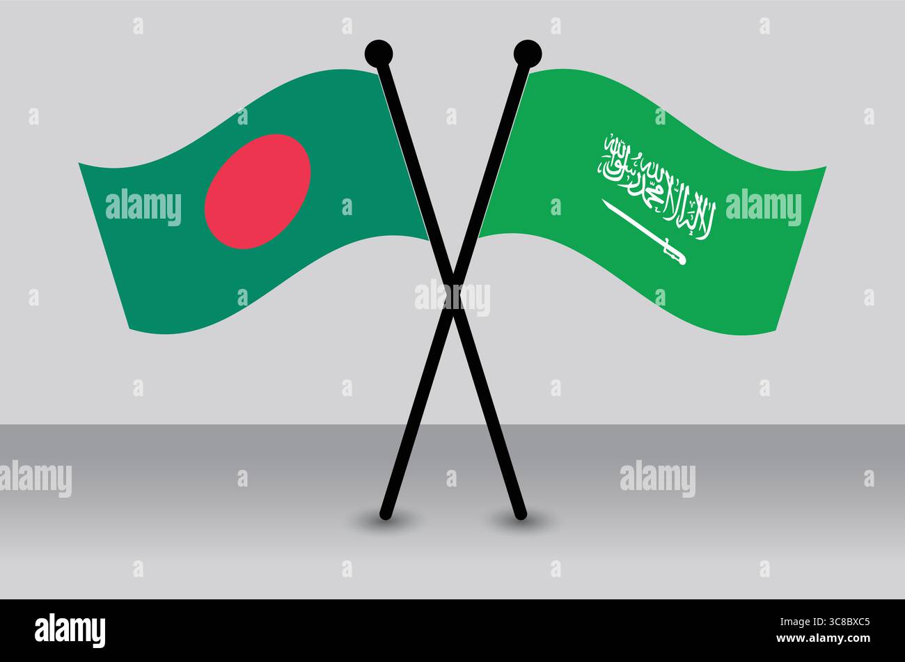 Le bandiere del Bangladesh e dell'Arabia Saudita si intrecciano, rappresentando i legami diplomatici Illustrazione Vettoriale
