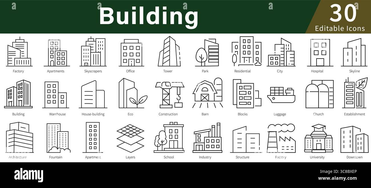 Set di icone delle linee modificabili per architettura, edilizia, immobili e strutture urbane Illustrazione Vettoriale