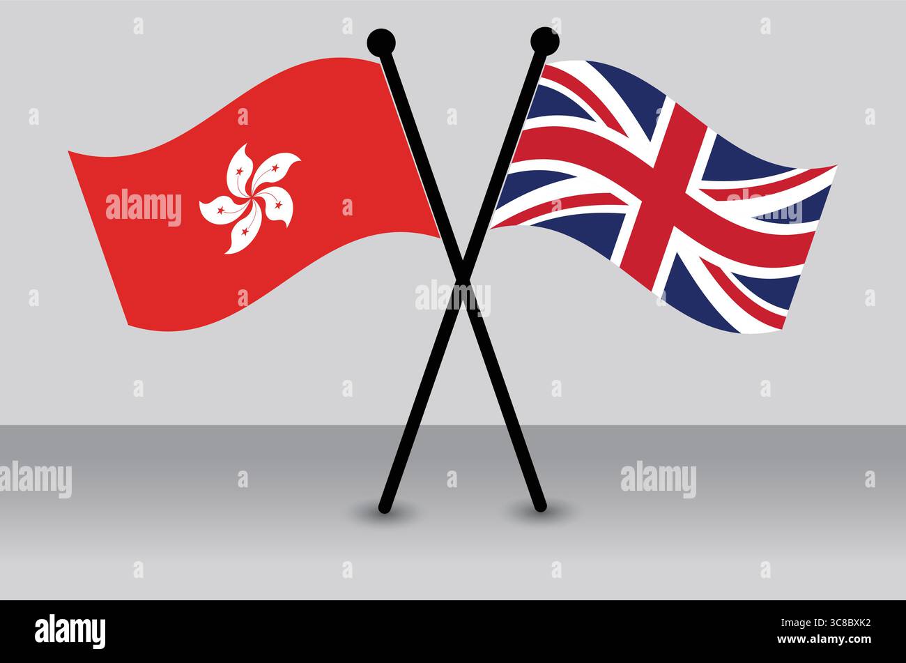Le bandiere di Hong Kong e del Regno Unito attraversarono, simboleggiando la storia coloniale. Illustrazione Vettoriale