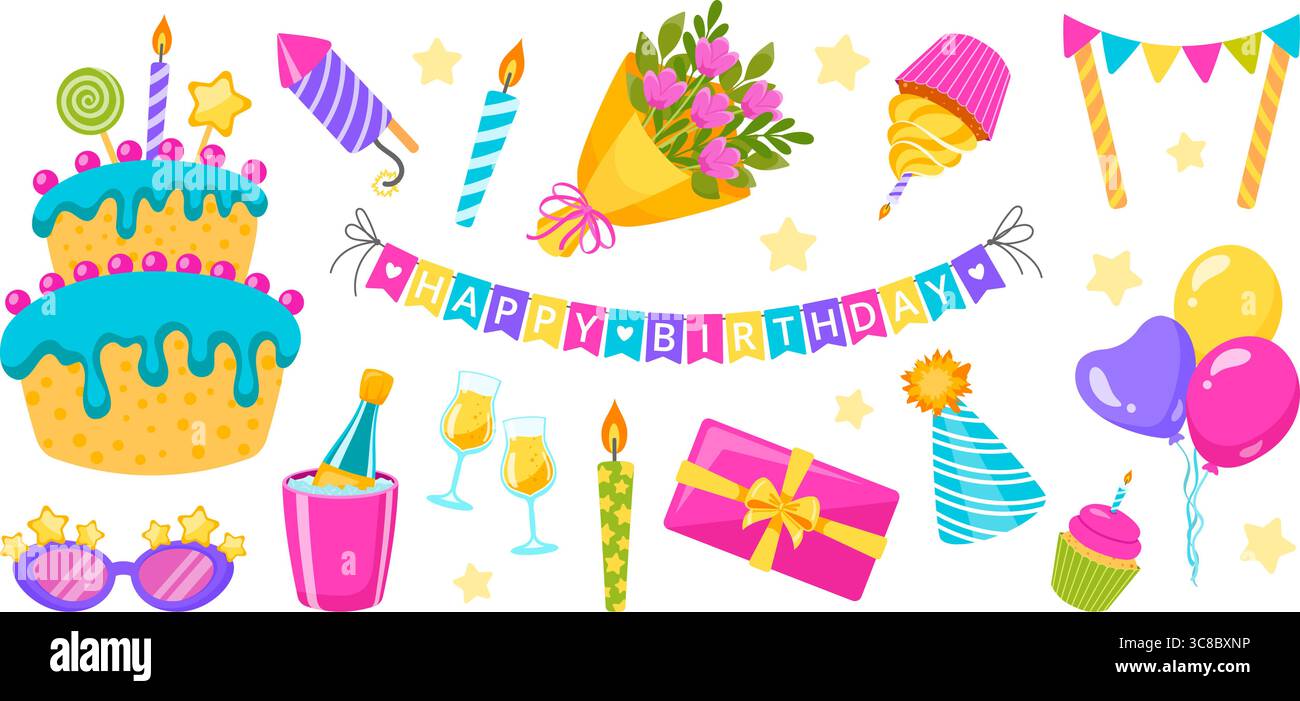 Una vivace collezione di compleanni, una torta colorata, candele, palloncini, regali, e decorazioni natalizie, perfette per le feste. Illustrazione Vettoriale