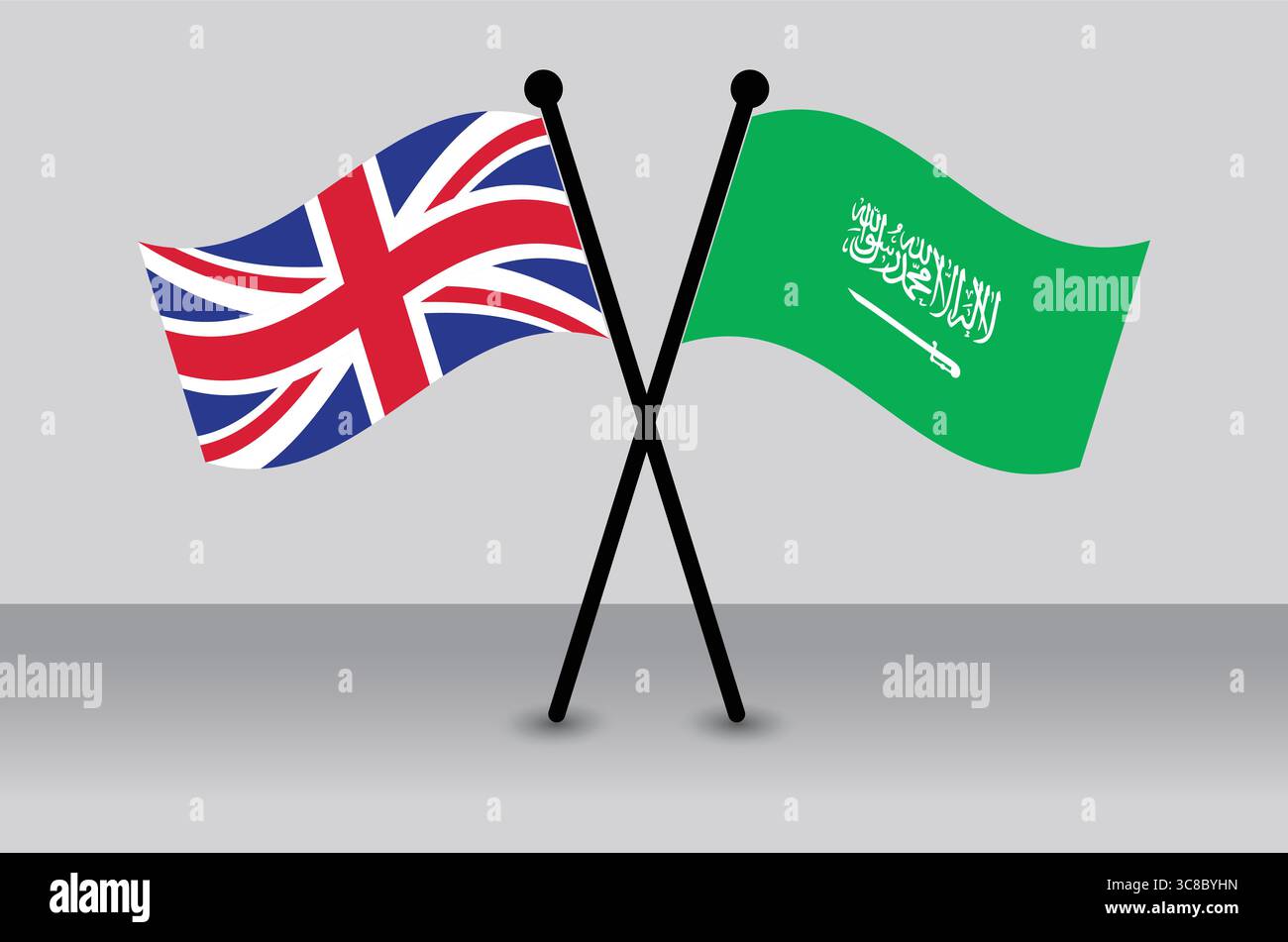 Le bandiere del Regno Unito e dell'Arabia Saudita hanno attraversato, rappresentando la diplomazia. Illustrazione Vettoriale
