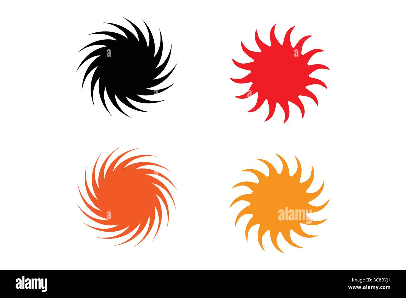 Quattro icone solari stilizzate in nero, rosso, arancione e giallo. Illustrazione Vettoriale