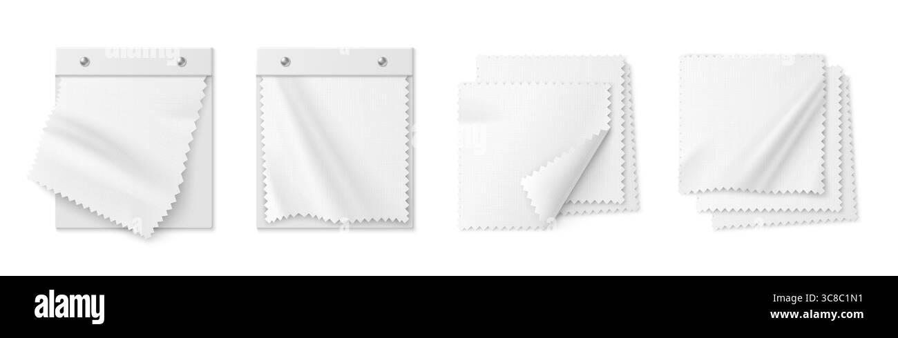 Set di campioni di tessuto bianco con motivo a zig-zag. Pezzi in tela vuota con angoli ripiegati per cataloghi di design per presentazioni alla moda o portafogli di decorazioni per interni. Illustrazione Vettoriale