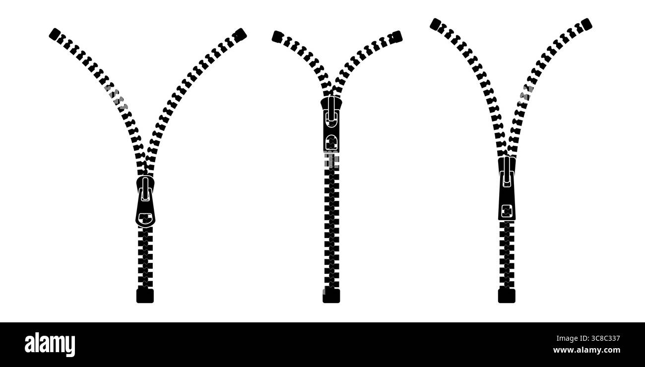 Design vettoriale con meccanismo di estrazione zip per abbigliamento di moda o riparazione di abiti. Sagoma di fissaggio in metallo e plastica con denti per pantaloni da giacca o zaino. Isolato Illustrazione Vettoriale