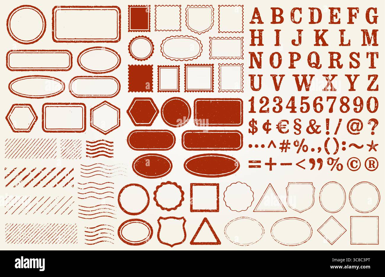 Set di francobolli retro Grunge con lettere. Testo rosso Postal Round (arrotondamento postale) e Square Empty Stamp Border Pack (riquadro timbro vuoto). Modello timbro post vuoto Illustrazione Vettoriale