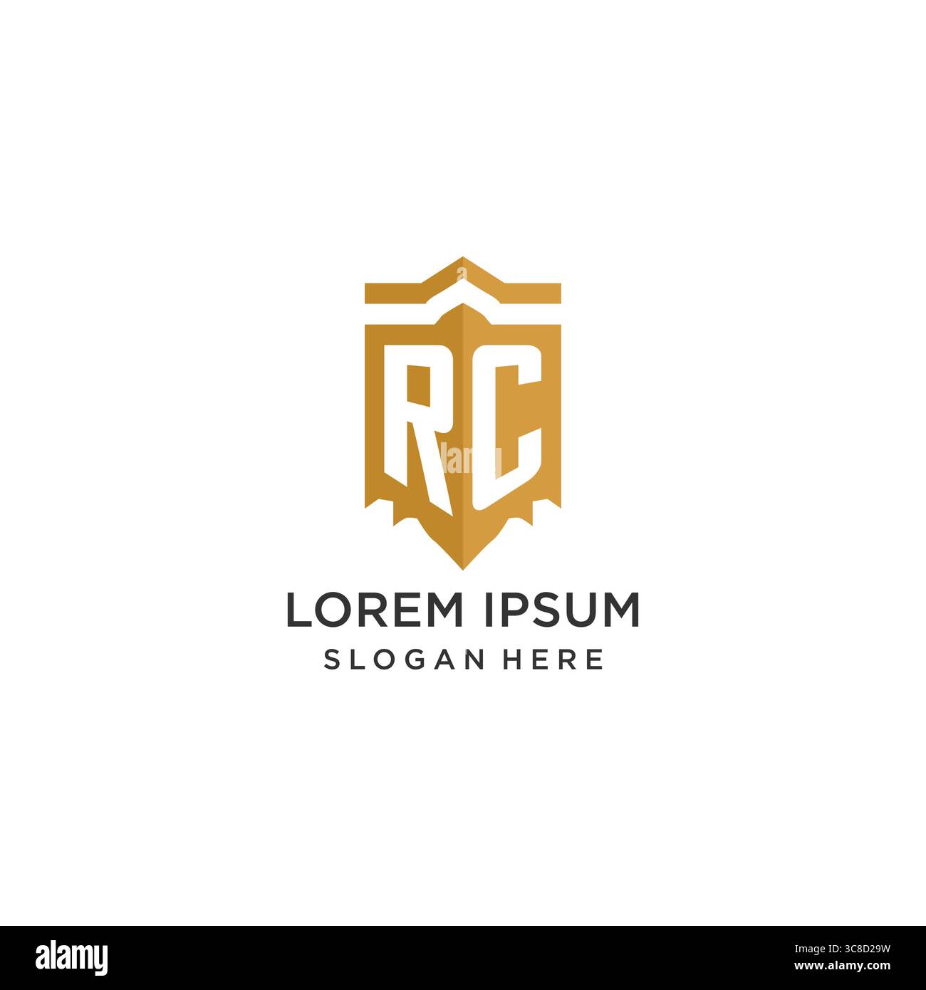 Logo Monogram RC con forma geometrica a scudo, elegante design originale con logo grafico vettoriale Illustrazione Vettoriale