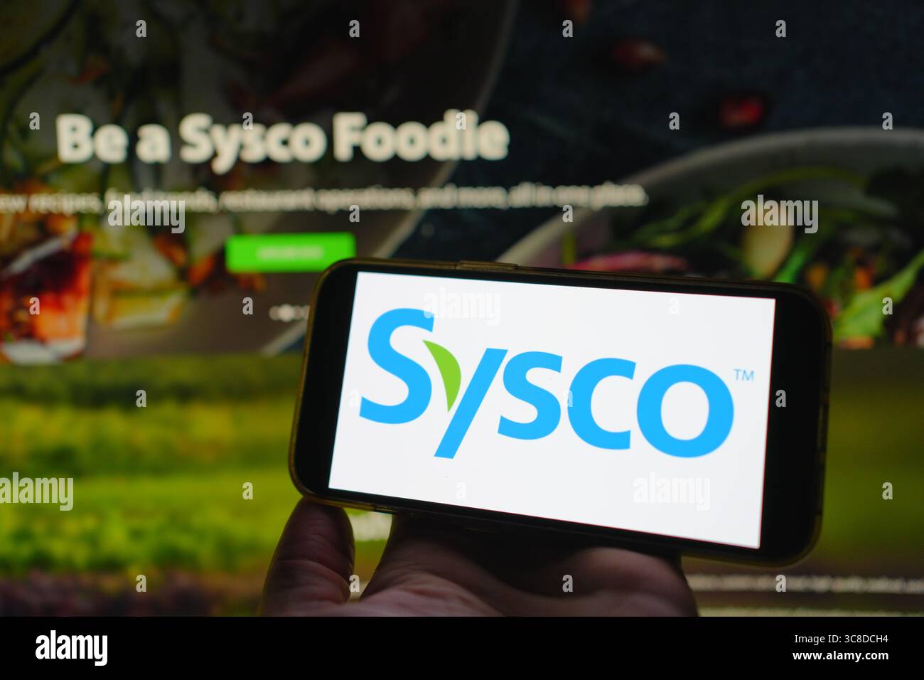 Roosendaal, Paesi Bassi - 2 agosto 2025: Un telefono cellulare con il logo aziendale di Sysco, con il sito web dell'azienda sullo sfondo. Foto Stock