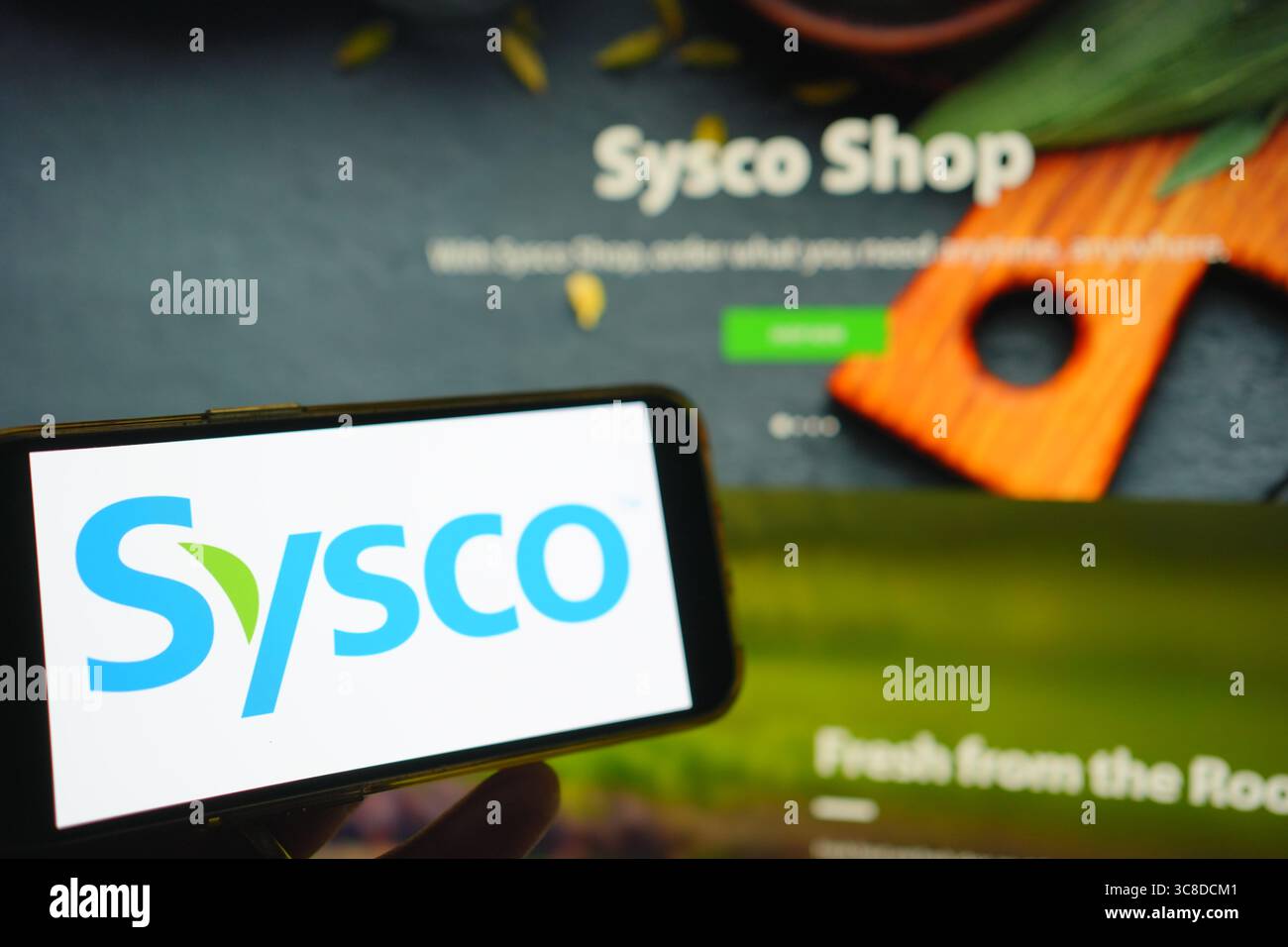 Roosendaal, Paesi Bassi - 2 agosto 2025: Un telefono cellulare con il logo aziendale di Sysco, con il sito web dell'azienda sullo sfondo. Foto Stock