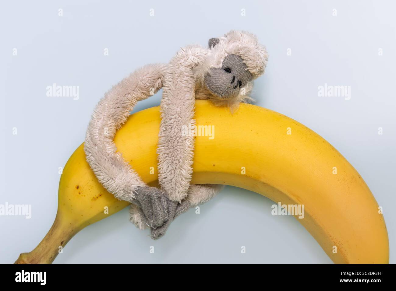 L'adorabile peluche scimmia è in posizione giocosa con la banana, che irradia un'atmosfera giocosa. La texture morbida e il design adorabile lo rendono il compagno perfetto. Foto Stock