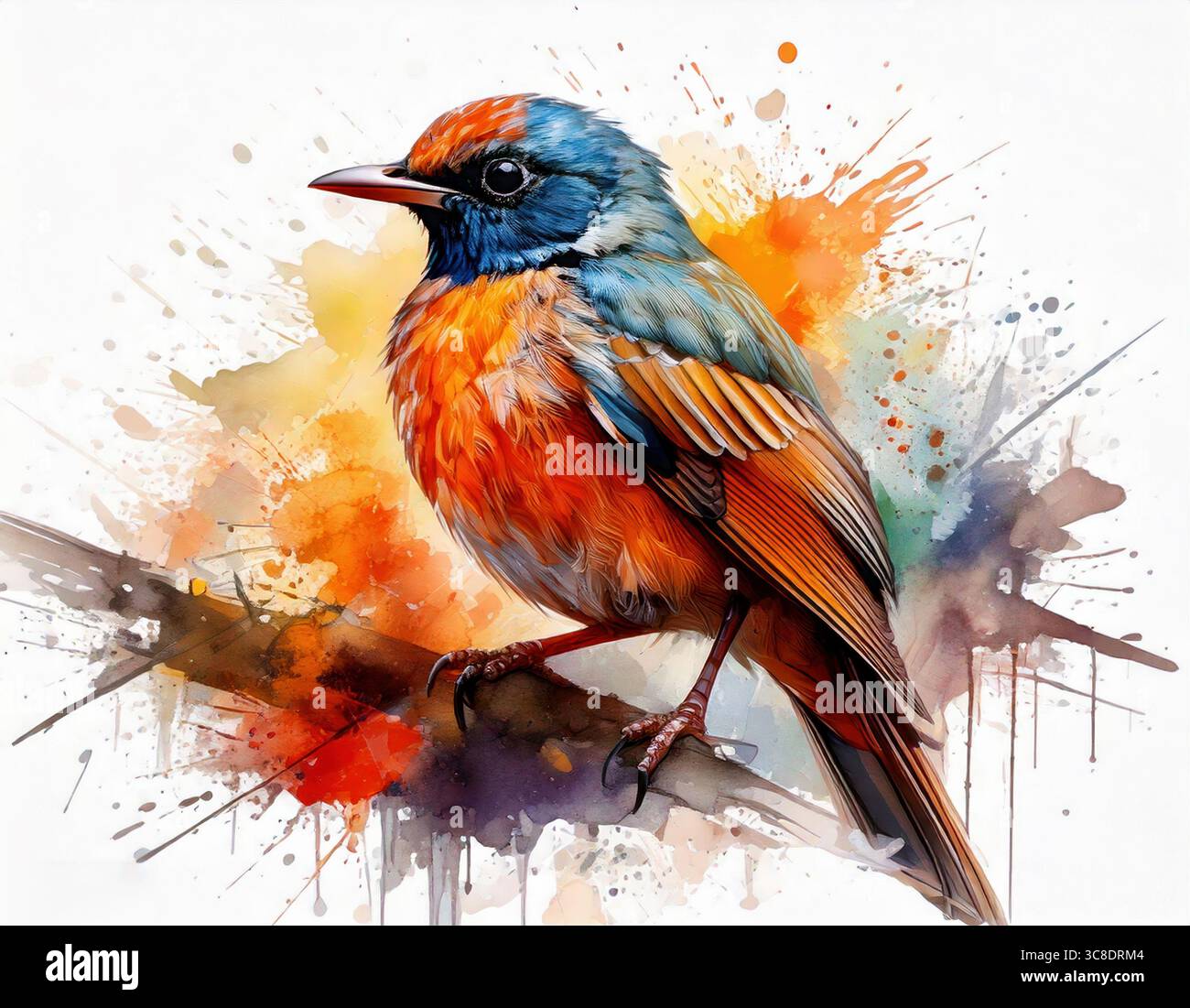Vivace acquerello di uccello sul ramo con sfondo astratto colorato Foto Stock
