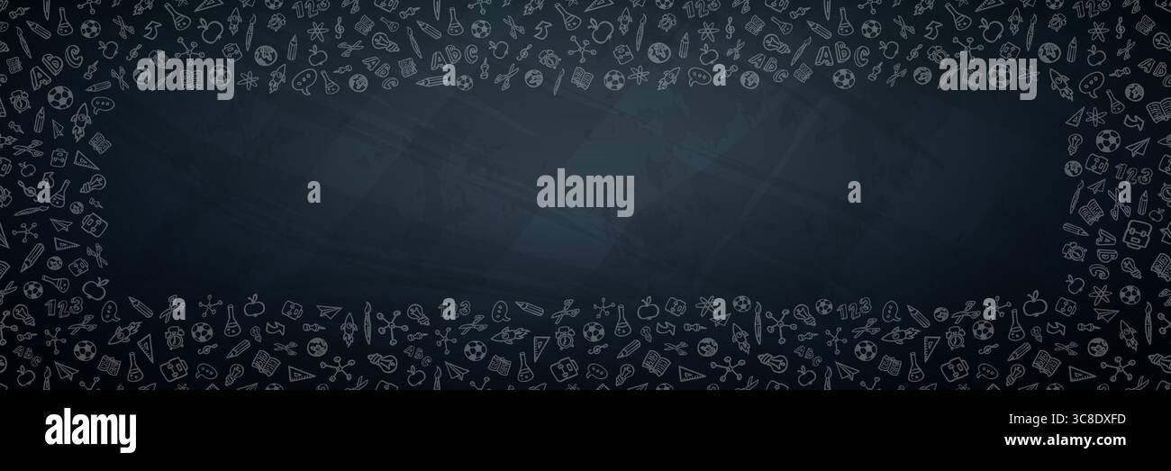 Design senza cuciture Banner Back to School con coloratissimi Doodles disegnati a mano in stile forniture scolastiche e spazio copia su sfondo nero della lavagna Illustrazione Vettoriale