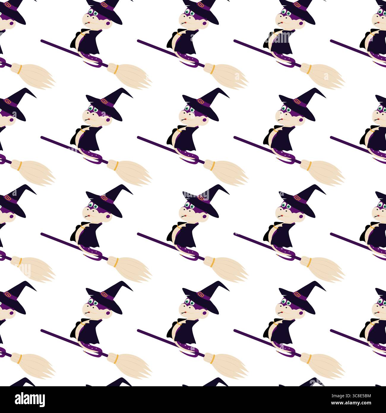 Snake in Witch Look volando su Broomstick Seamless Pattern Halloween Holiday sfondo o sfondo. Illustrazione vettoriale isolata saluto di Halloween biglietti tematici banchetto di invito, volantini, etichetta Illustrazione Vettoriale