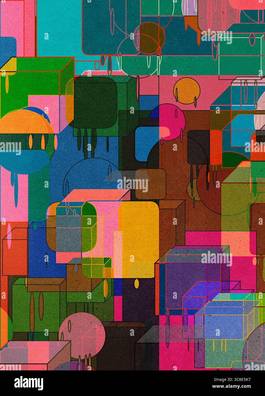 Cubi e sfere giocosi: Arte generativa con colori audaci per la progettazione editoriale e Web Foto Stock