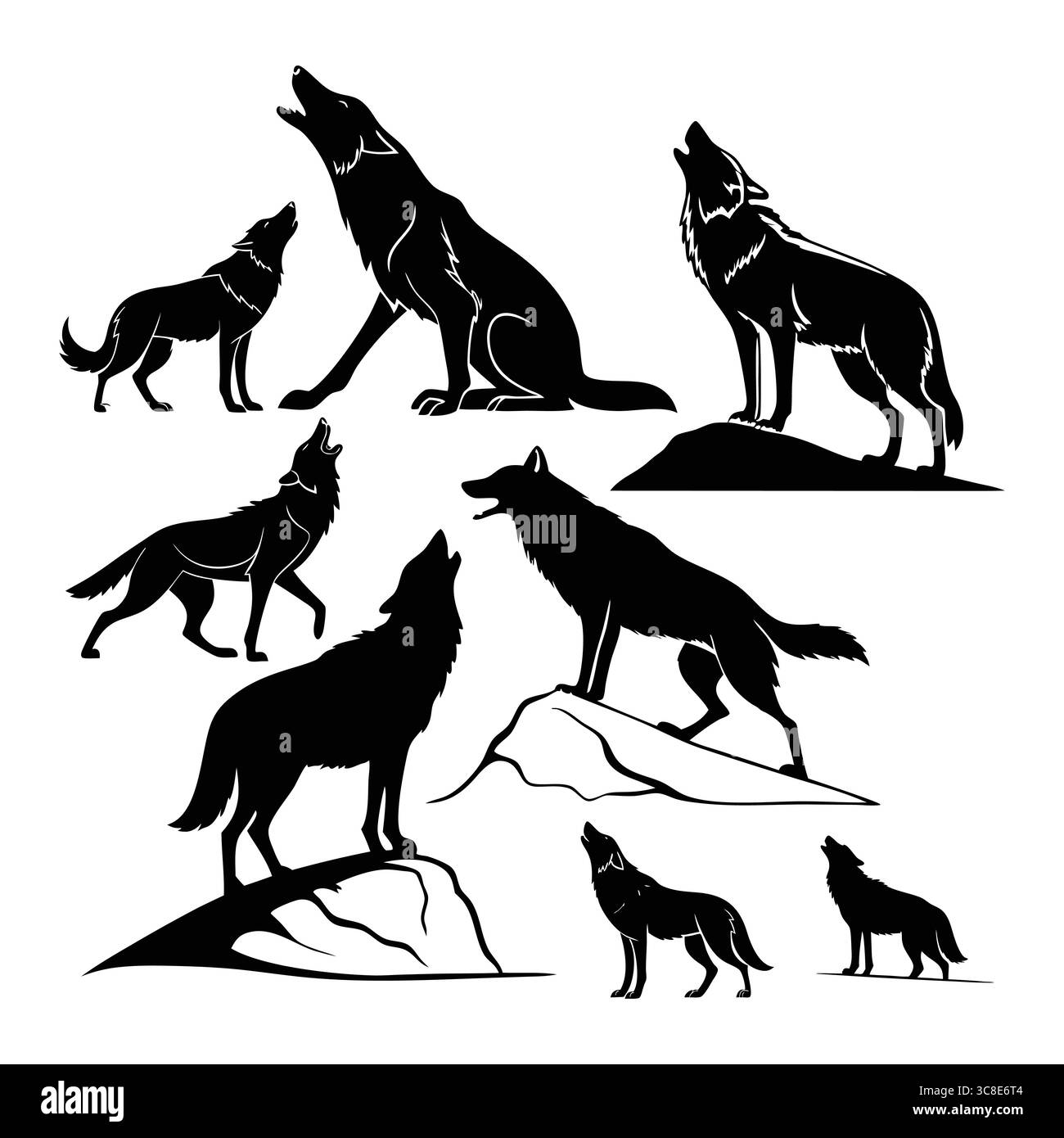 Collezione di lupi appenninici sagomati in varie pose su Rocks e Howling Illustrazione Vettoriale Collezione di lupi appenninici sagomati in varie pose su Rocks e Howling Illustrazione Vettoriale