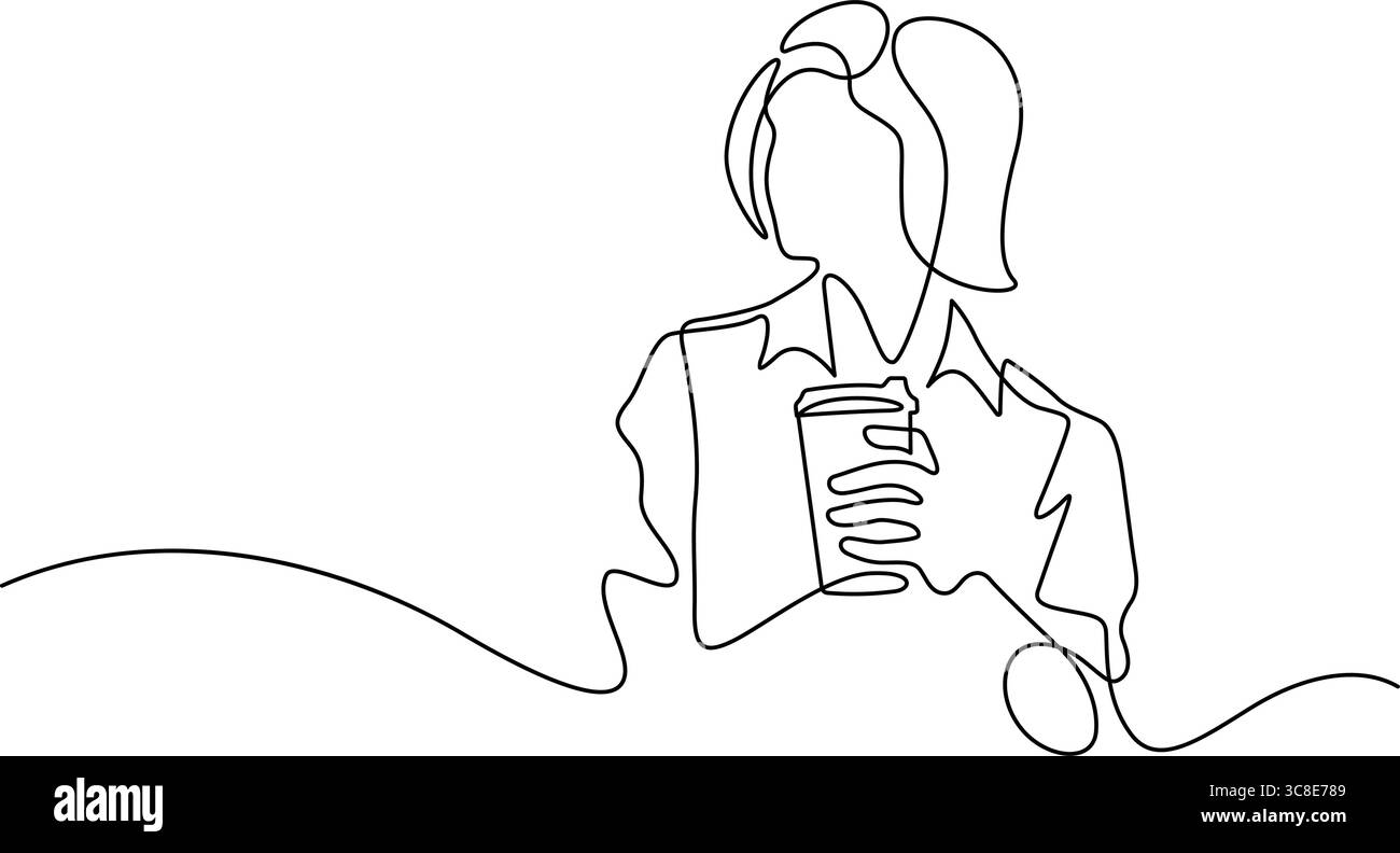 donna capelli corti che reggono la tazza di caffè guardando lateralmente una linea disegnando arte decorativa continua disegnata a mano Illustrazione Vettoriale