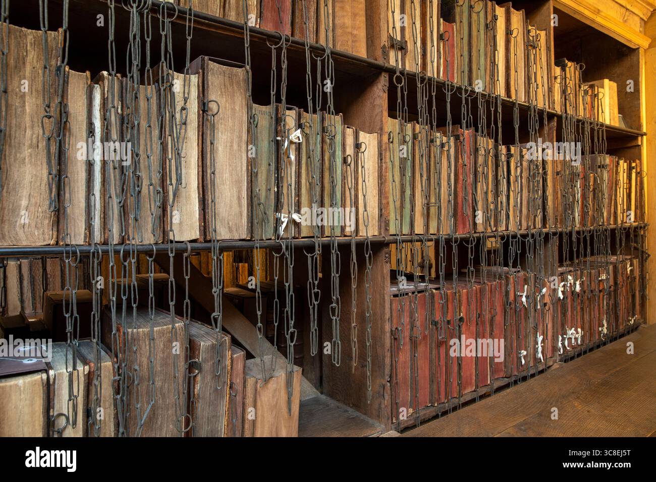 UK, Herefordshire, Hereford, Cathedral, Chained Library, libri Foto Stock