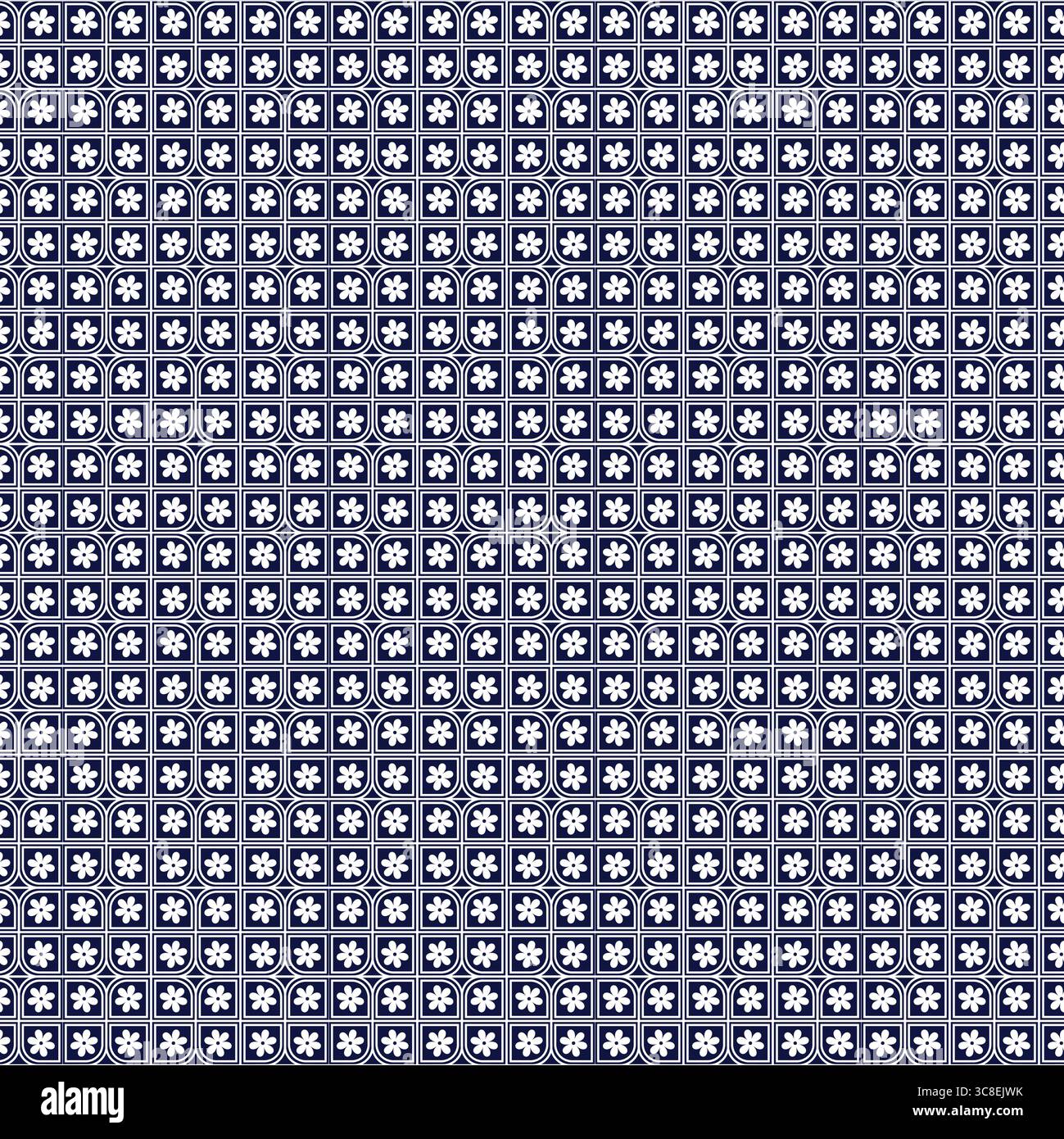 "Motivo in piastrelle floreali senza cuciture con sfondo Blue Grid - Design Vintage Vector decorativo e ripetitivo" Illustrazione Vettoriale