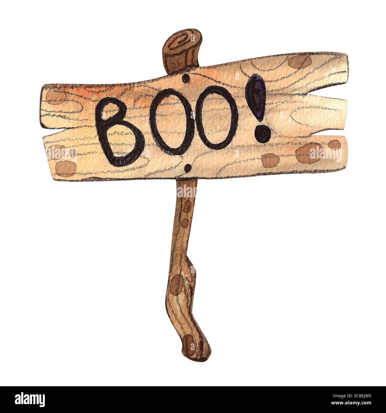 Illustrazione ad acquerello di un cartello di legno con la parola BOO disegnata a mano. Elemento di design a tema Halloween disegnato a mano con una trama rustica in legno Foto Stock