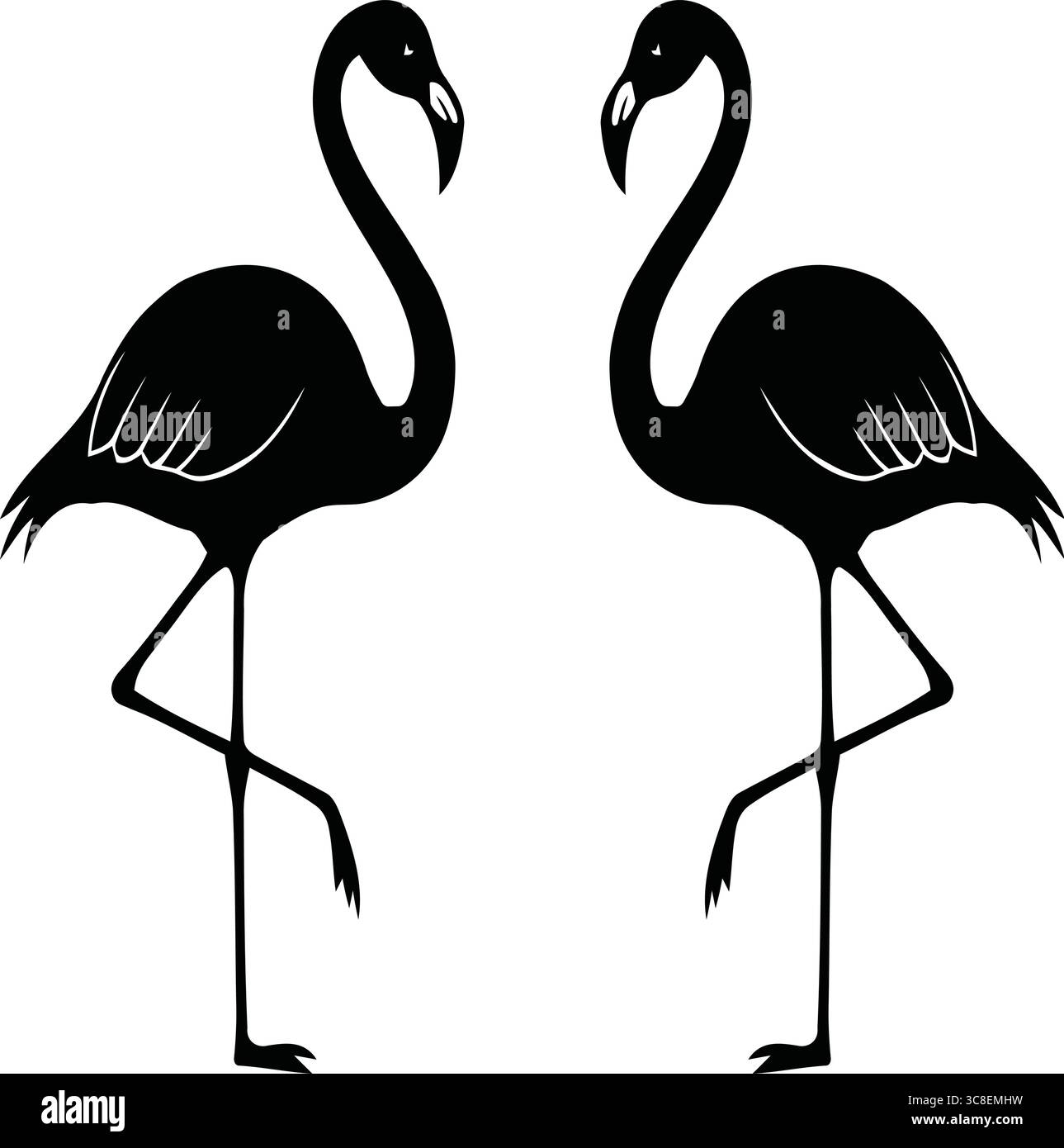 Un'illustrazione vettoriale dalla silhouette nera minimalista con due fenicotteri in piedi su una gamba e rivolti l'uno verso l'altro. Illustrazione Vettoriale