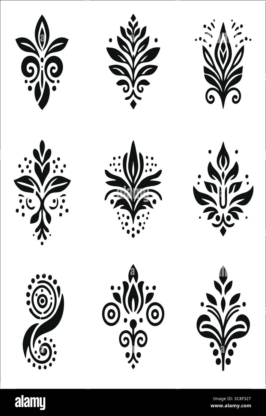 Set di motivi floreali ornamentali in nero – elementi decorativi vettoriali tribali su sfondo bianco Illustrazione Vettoriale