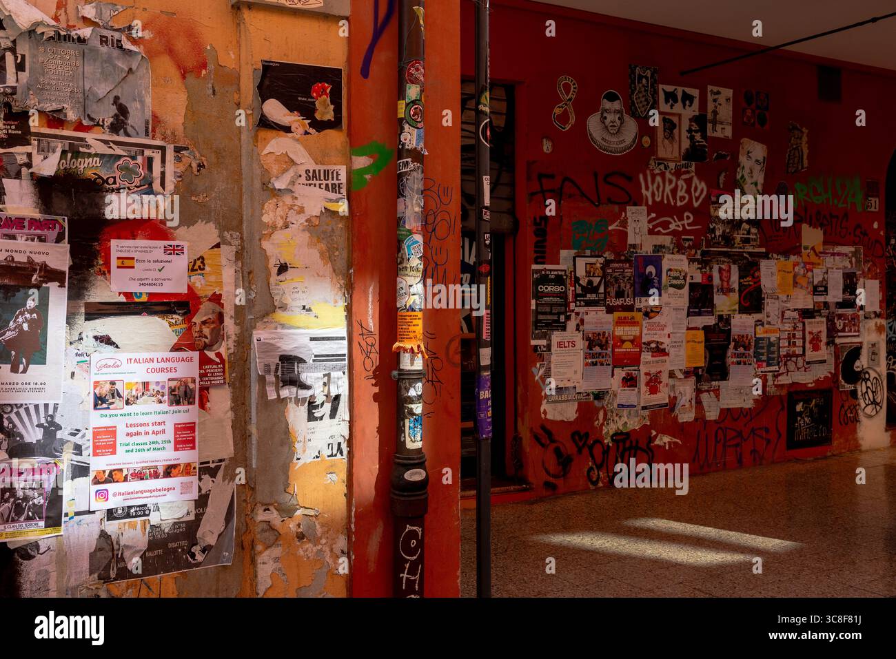 Bologna, Italia – pareti esterne adiacenti coperte da poster e volantini a strati (per lo più in italiano) Foto Stock