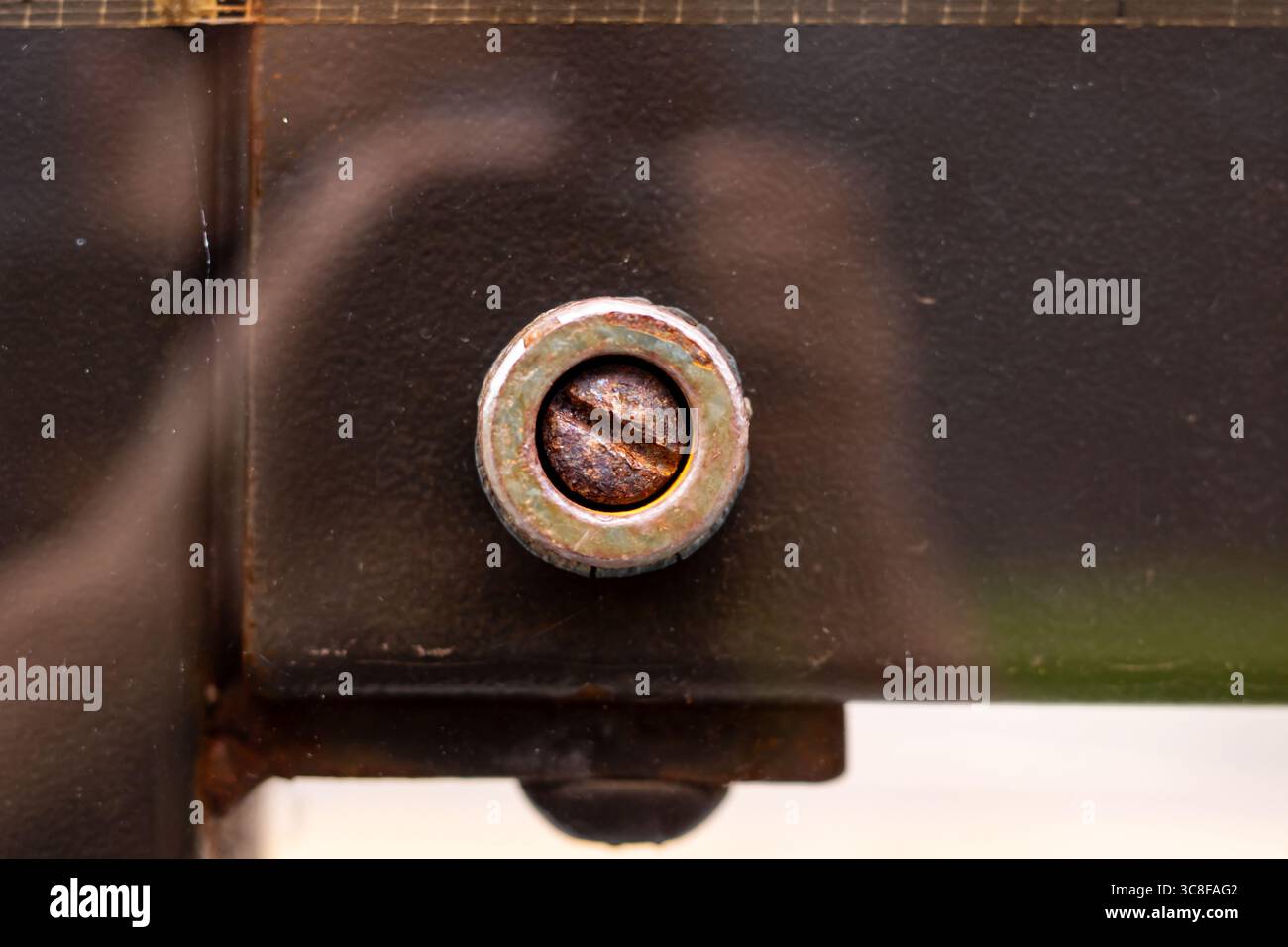 Questa immagine presenta una vista ravvicinata di una vite fissata saldamente su un pezzo di metallo, che mostra dettagli raffinati Foto Stock