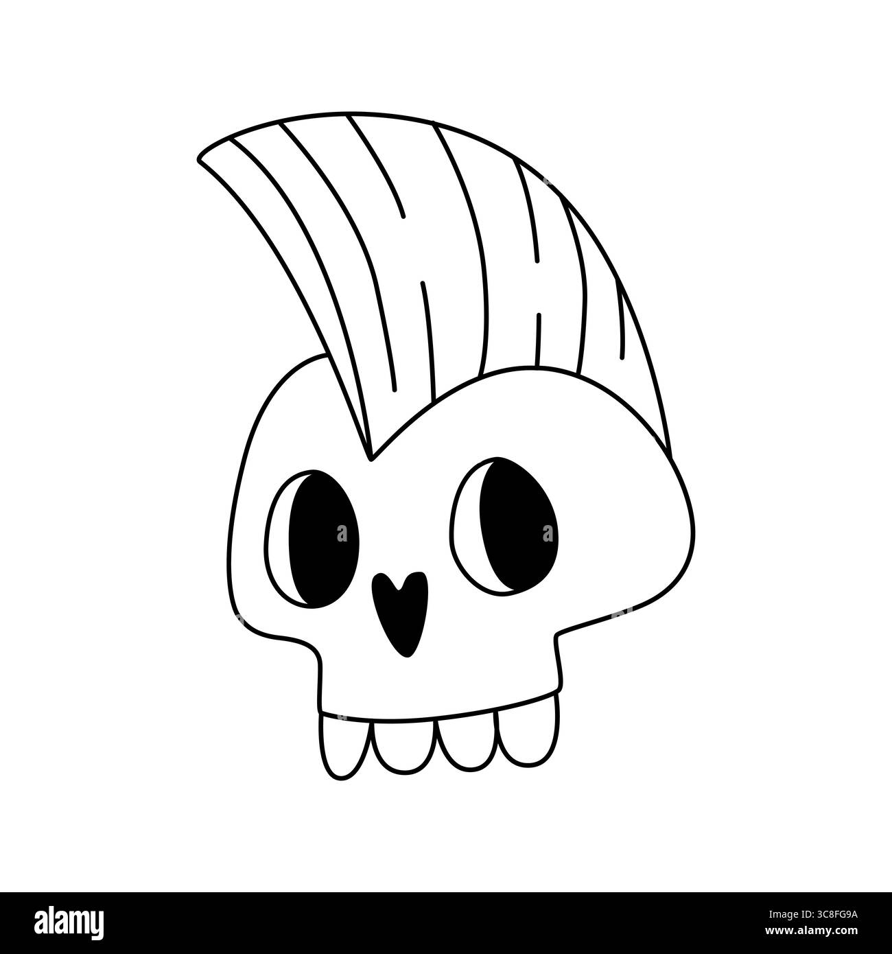 Divertente disegno in bianco e nero di un teschio con occhi espressivi e un elegante design per capelli. Illustrazione vettoriale isolata su sfondo bianco. Illustrazione Vettoriale