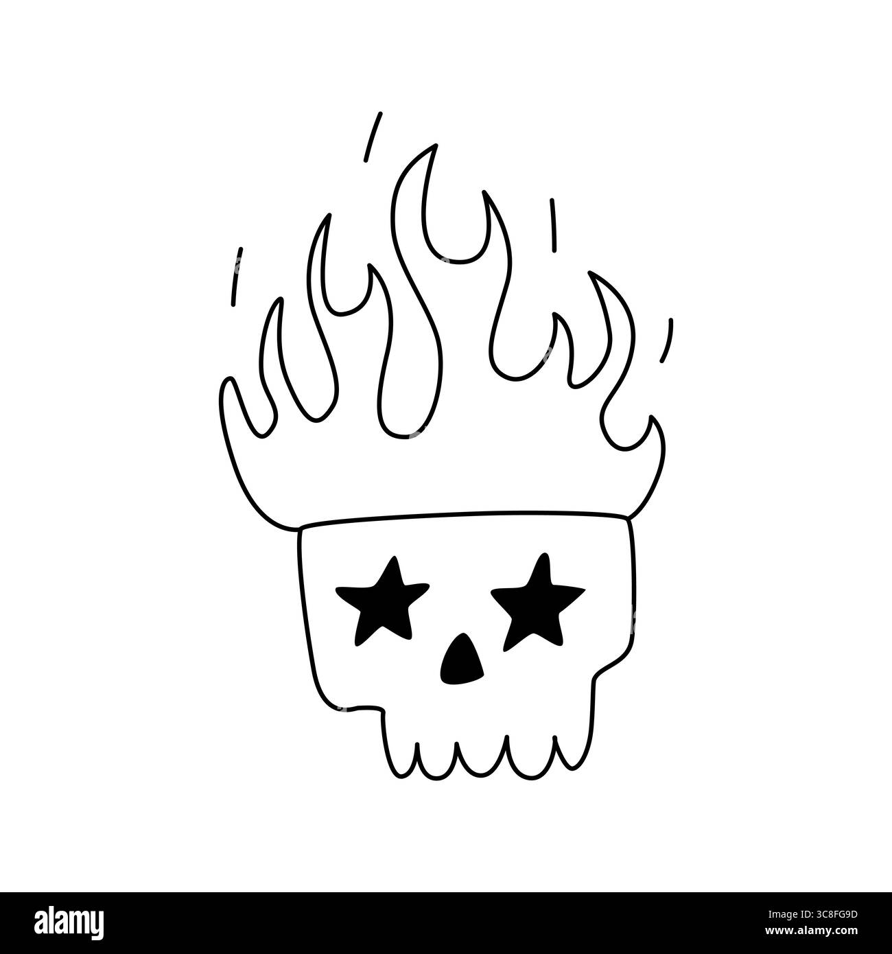 Illustrazione giocosa e audace disegnata a mano di un teschio con occhi a forma di stella inondati di fiamme. Un design unico ed elegante adatto per opere d'arte moderne, Illustrazione Vettoriale