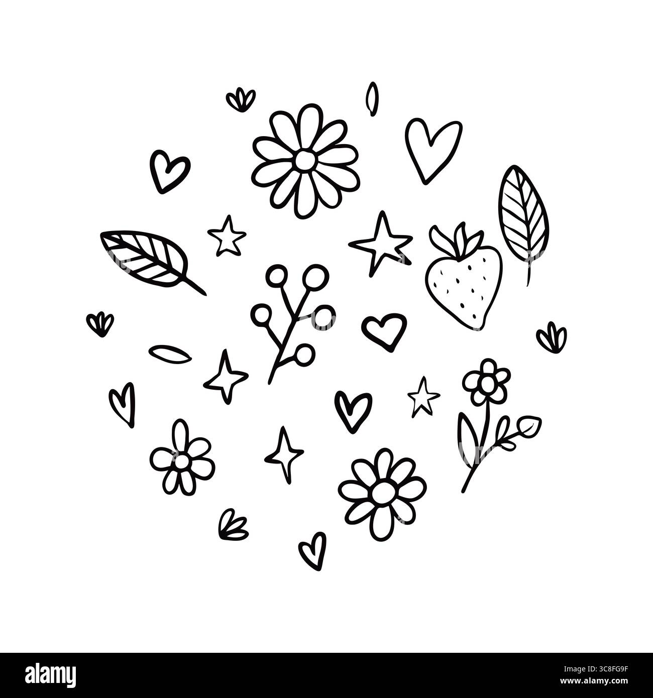 Un affascinante set di illustrazioni disegnate a mano in stile doodle, tra cui fiori, cuori e foglie. Perfetto per progetti creativi, scrapbooking. Il vettore Illustrazione Vettoriale