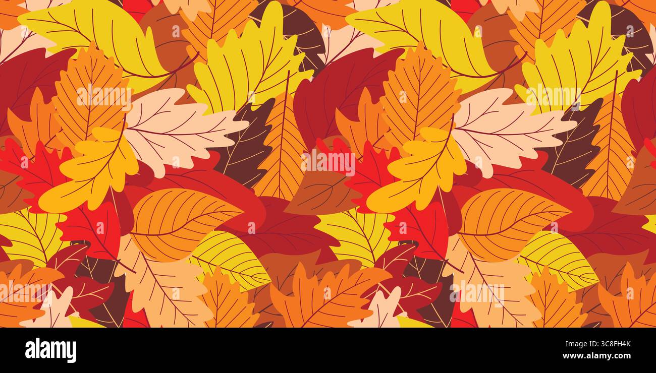 Sfondo continuo con fogliame autunnale dai colori vivaci. Semplice motivo di foglie rosse, arancioni, gialle e marroni. Stampa autunnale per tessuto, sfondo Illustrazione Vettoriale