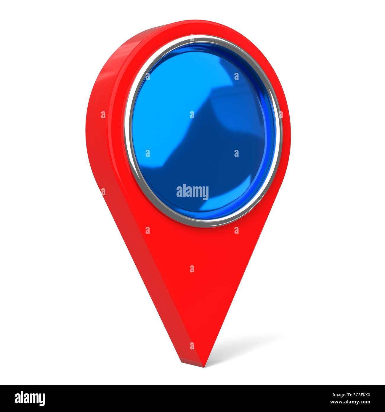 Pin di posizionamento rosso e blu isolato su sfondo bianco - illustrazione 3D. Foto Stock