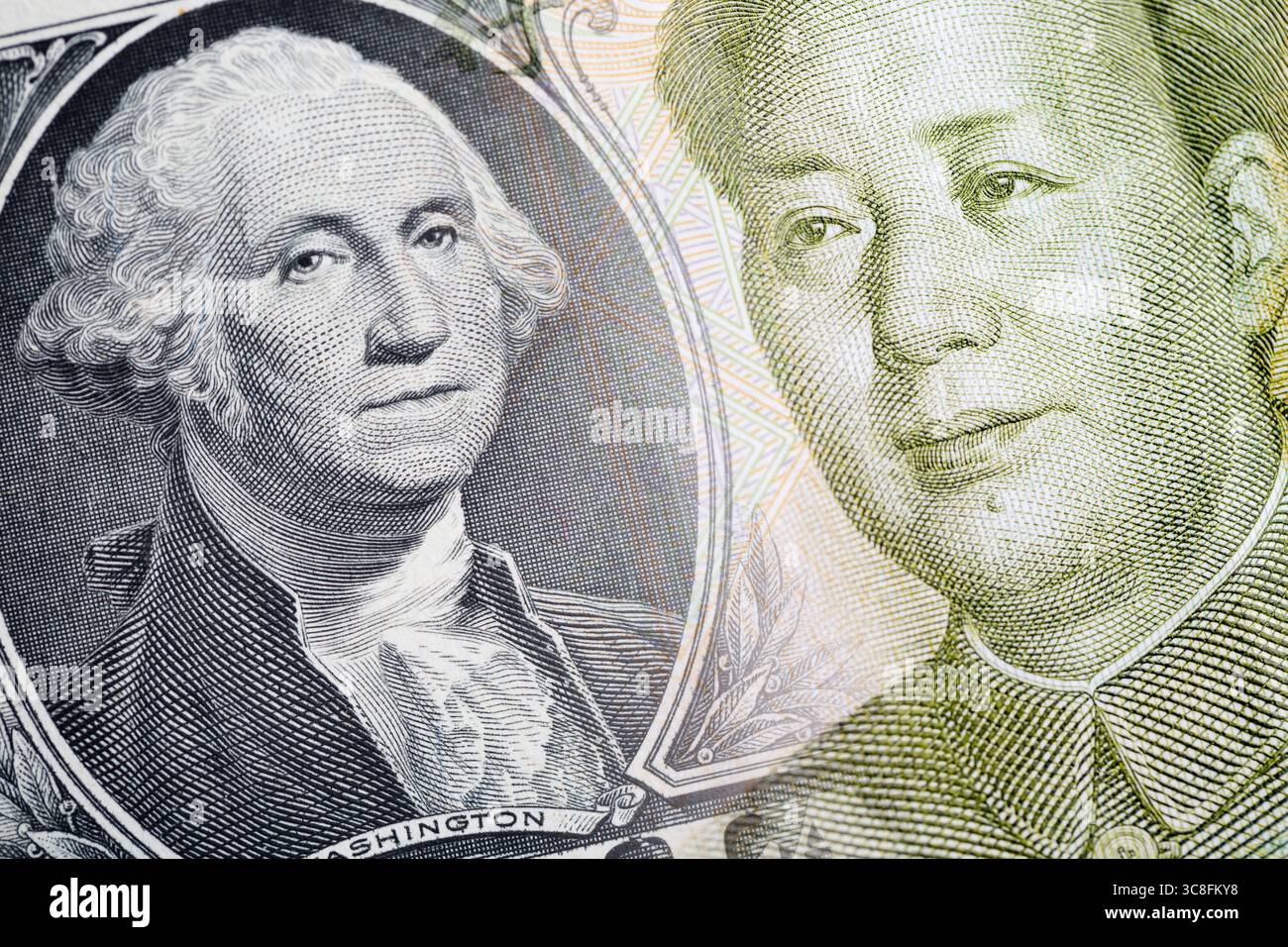 Immagine combinata della valuta cinese da 1 Yuan e delle banconote da 1 dollaro americano. Concetto finanziario Foto Stock