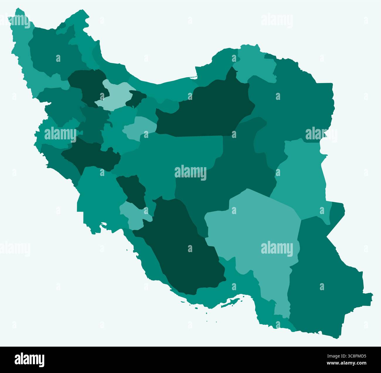 Mappa dell'Iran con le regioni. Solo una semplice mappa di confine con la divisione della regione. Tavolozza dei colori ottanio. Illustrazione Vettoriale