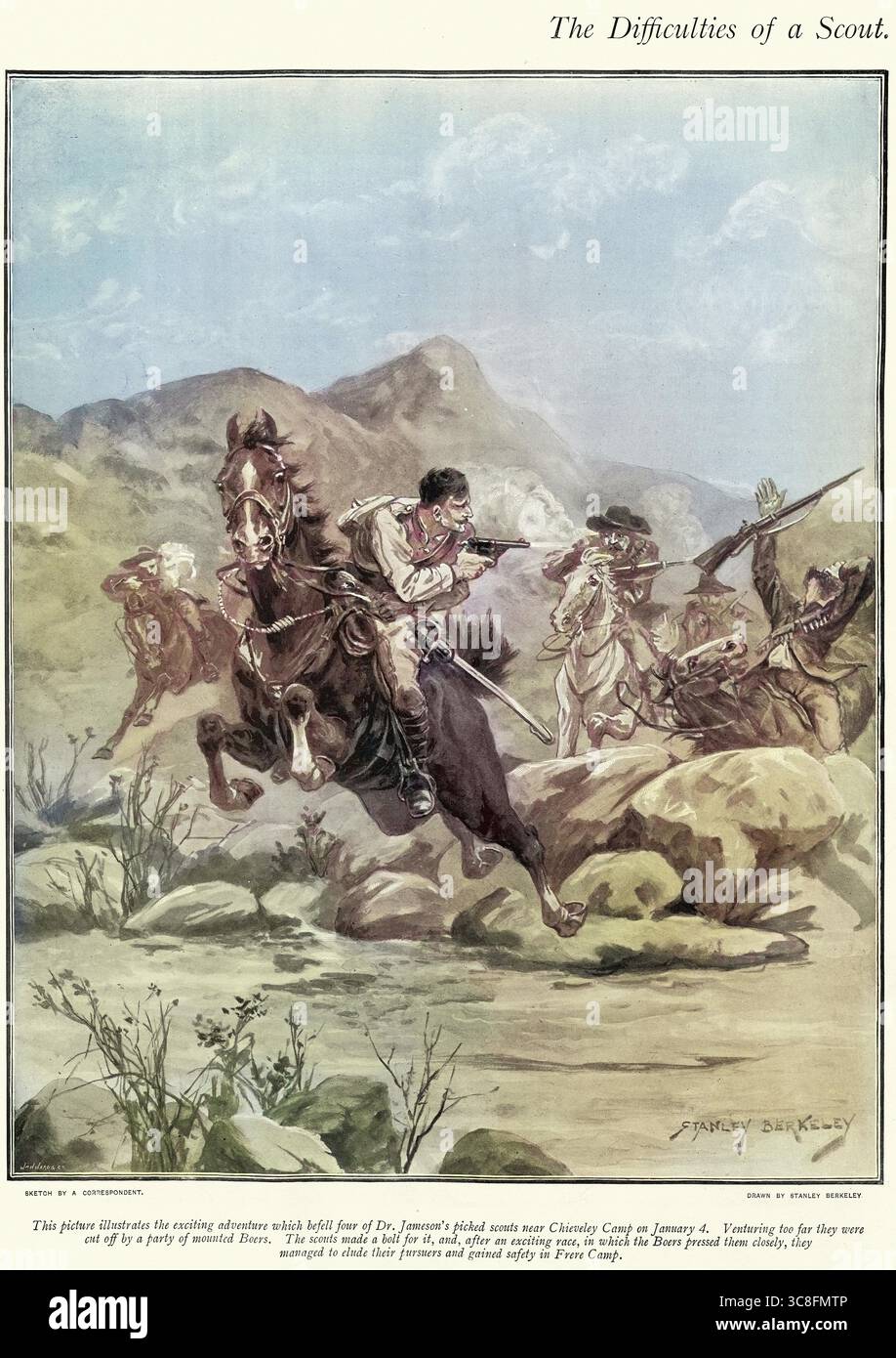 Storia militare, seconda guerra boera, scout britannici Jameson che combattevano un gruppo di boeri a cavallo, 1900 Foto Stock