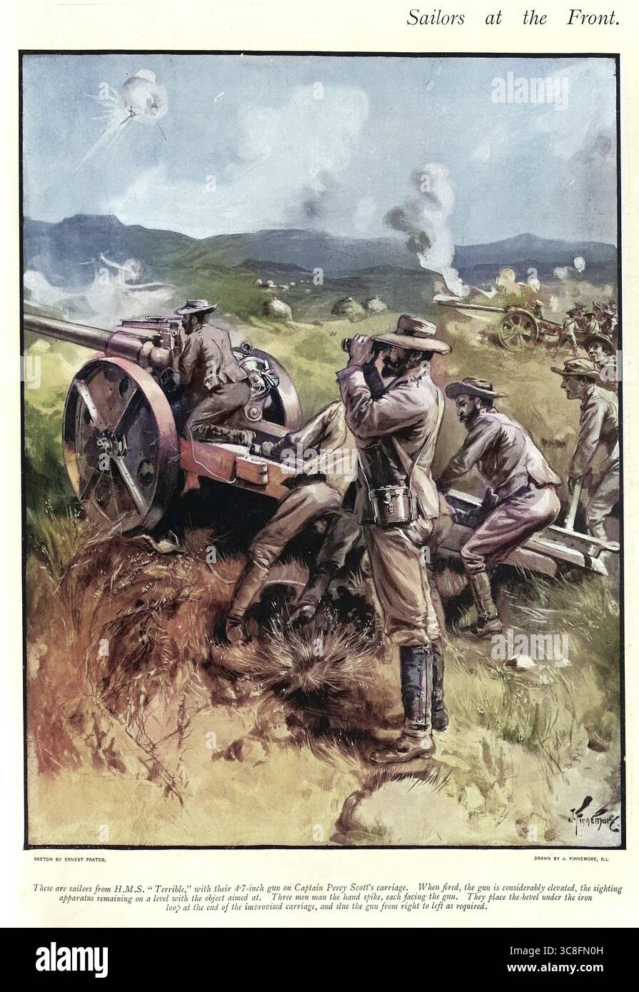Storia militare, seconda guerra boera, marinai della Royal Navy britannica che combattevano a terra, sparando cannoni d'artiglieria, 1900, HMS Terrible Foto Stock