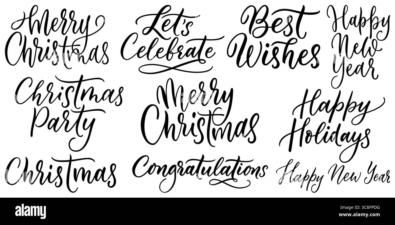 Set di lettere a calligrafia vettoriale con frasi natalizie buon Natale, felice anno nuovo. Elementi di design per biglietti d'auguri, inviti, poster stagionale, Illustrazione Vettoriale