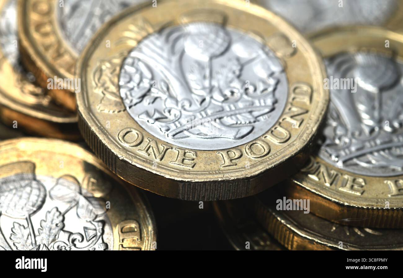LE MONETE DA UNA STERLINA BRITANNICA RE L’ECONOMIA SALUTA LE PENSIONI DI RISPARMIO PENSIONE ETC UK Foto Stock