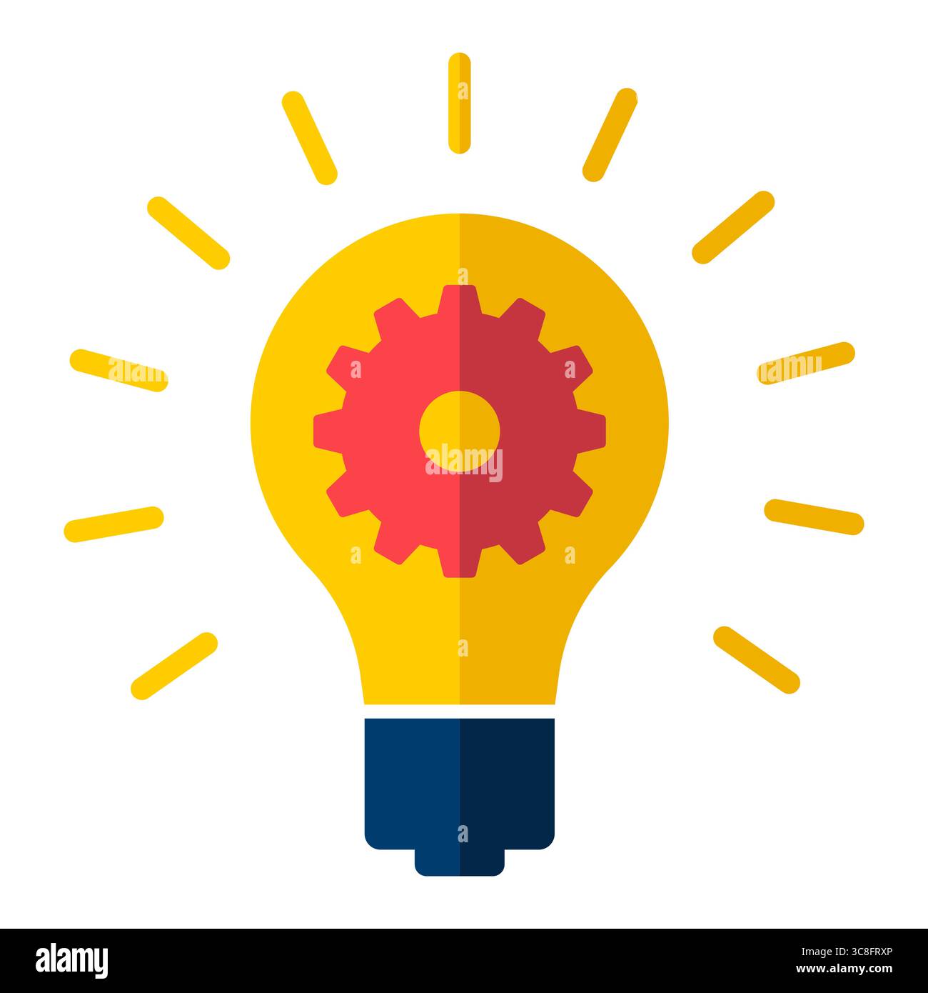 Lampadina innovativa con icona Gear. Una lampadina con un simbolo rosso al centro, che simboleggia l'innovazione, la tecnologia e le idee ingegneristiche. Illustrazione Vettoriale