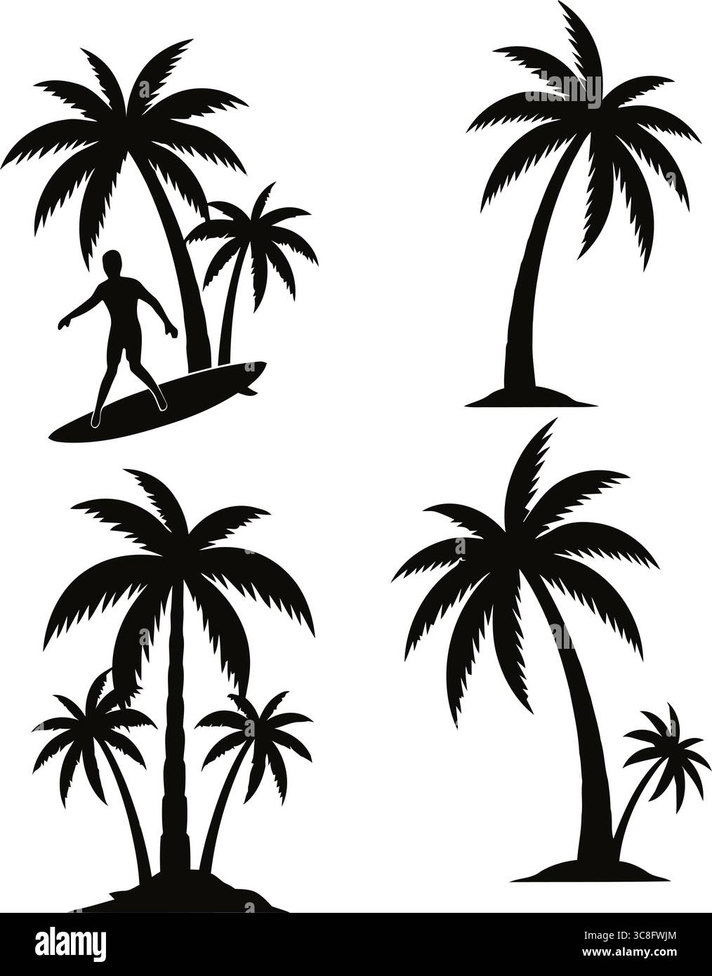 Questa dinamica illustrazione presenta una collezione di silhouette nere raffiguranti un surfista e varie palme. Illustrazione Vettoriale