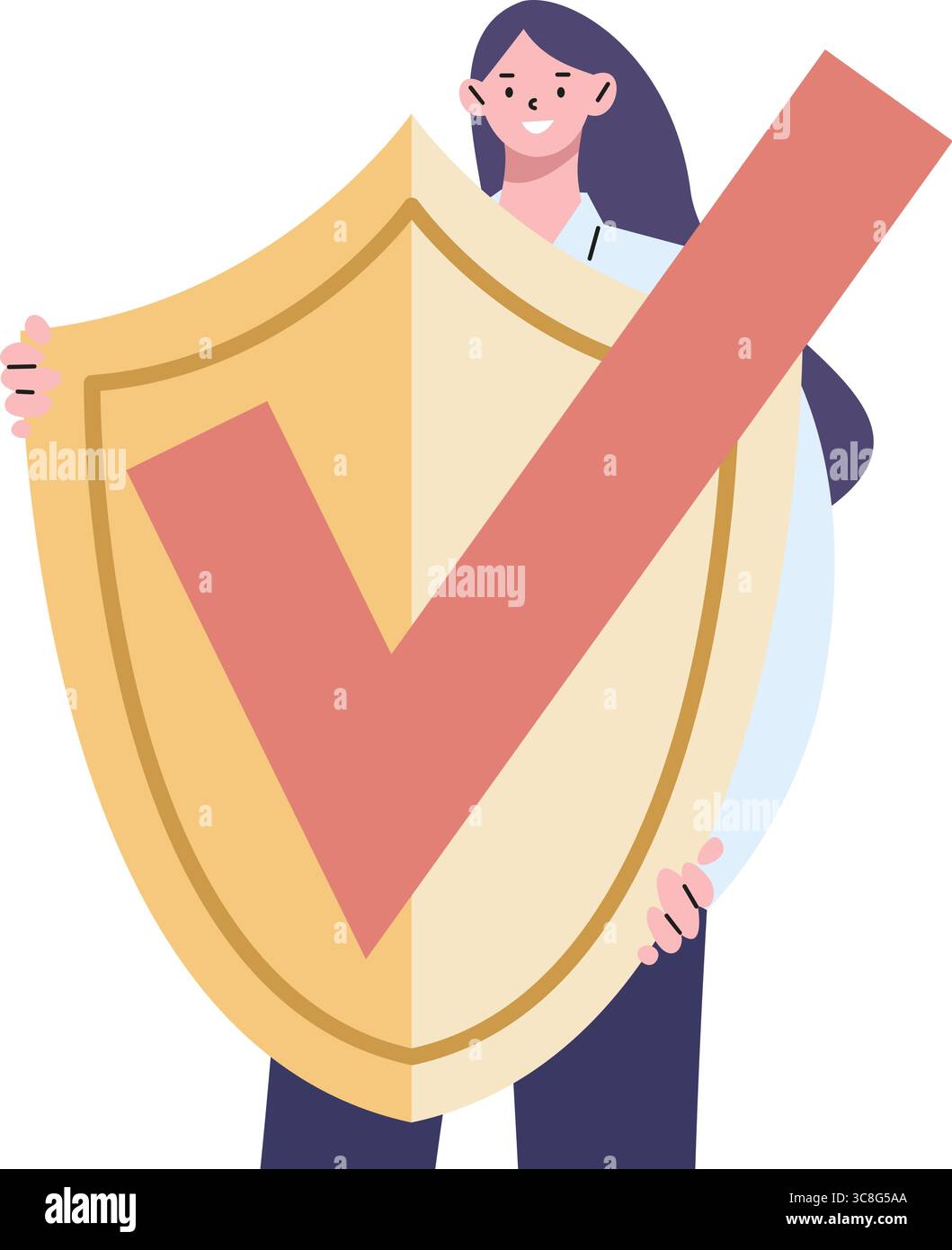 Carattere di controllo qualità. La ragazza tiene lo scudo dorato con un grande segno di spunta rosso. Simbolo di verifica e approvazione superata, vettore di protezione affidabile Illustrazione Vettoriale