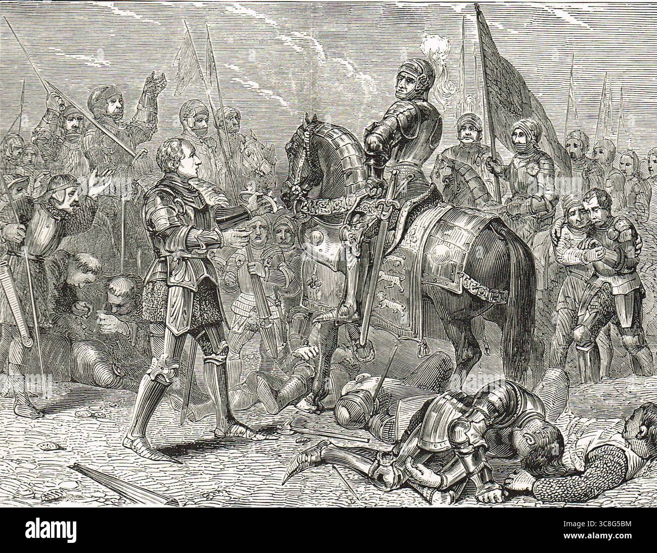 Battaglia di Bosworth Field, 22 agosto 1485, Signore William Stanley offre la corona di Richard III di Henry Tudor, secondo conte di Richmond, più tardi incoronato re Enrico VII Foto Stock