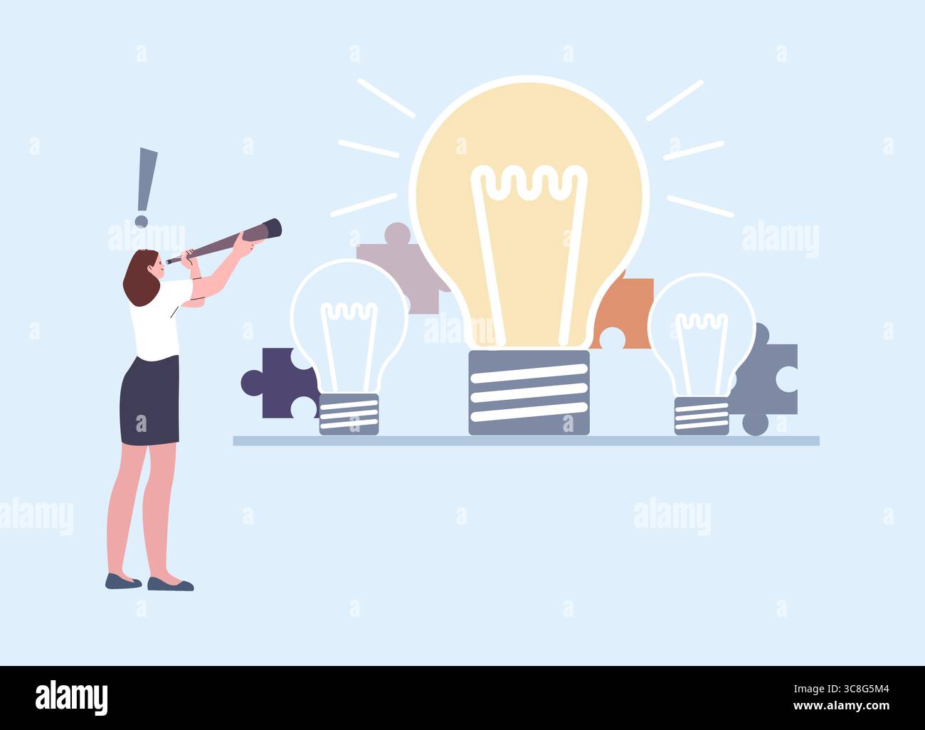 La donna guarda attraverso il telescopio. Risoluzione dei problemi, ricerca di nuove idee. Prospettive che guardano alla ragazza, creatività, auto-realizzazione, concetto vettoriale Illustrazione Vettoriale