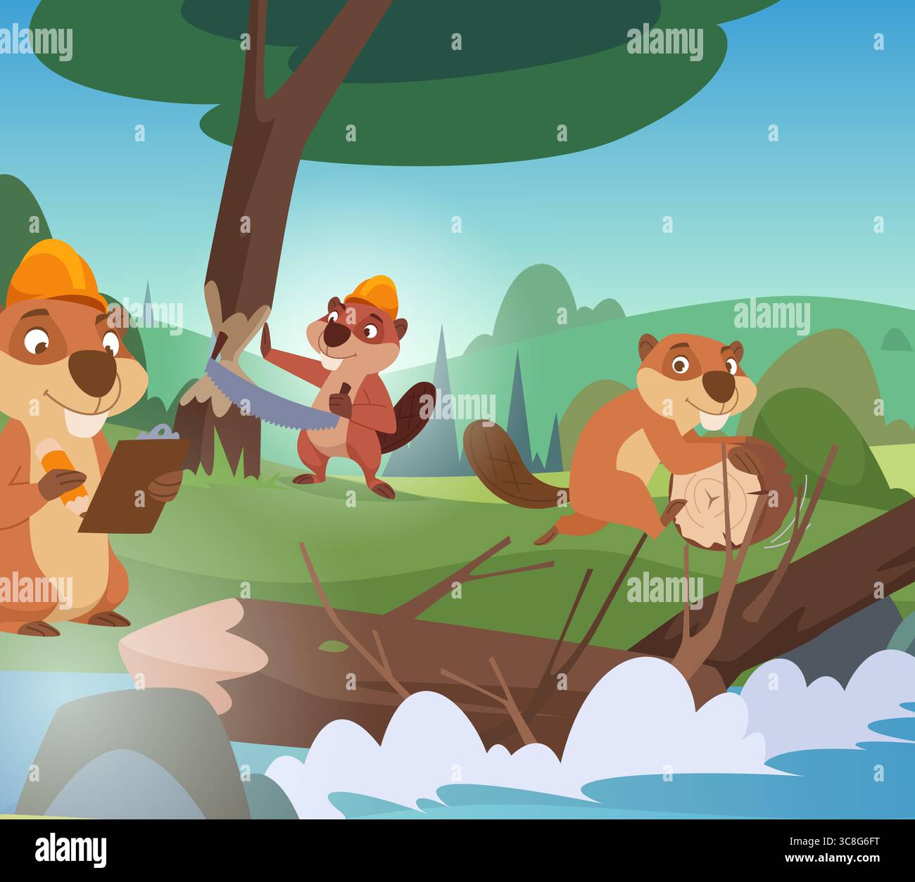 Castori. animali selvaggi intelligenti castori che costruiscono una serranda sul fiume Illustrazione Vettoriale