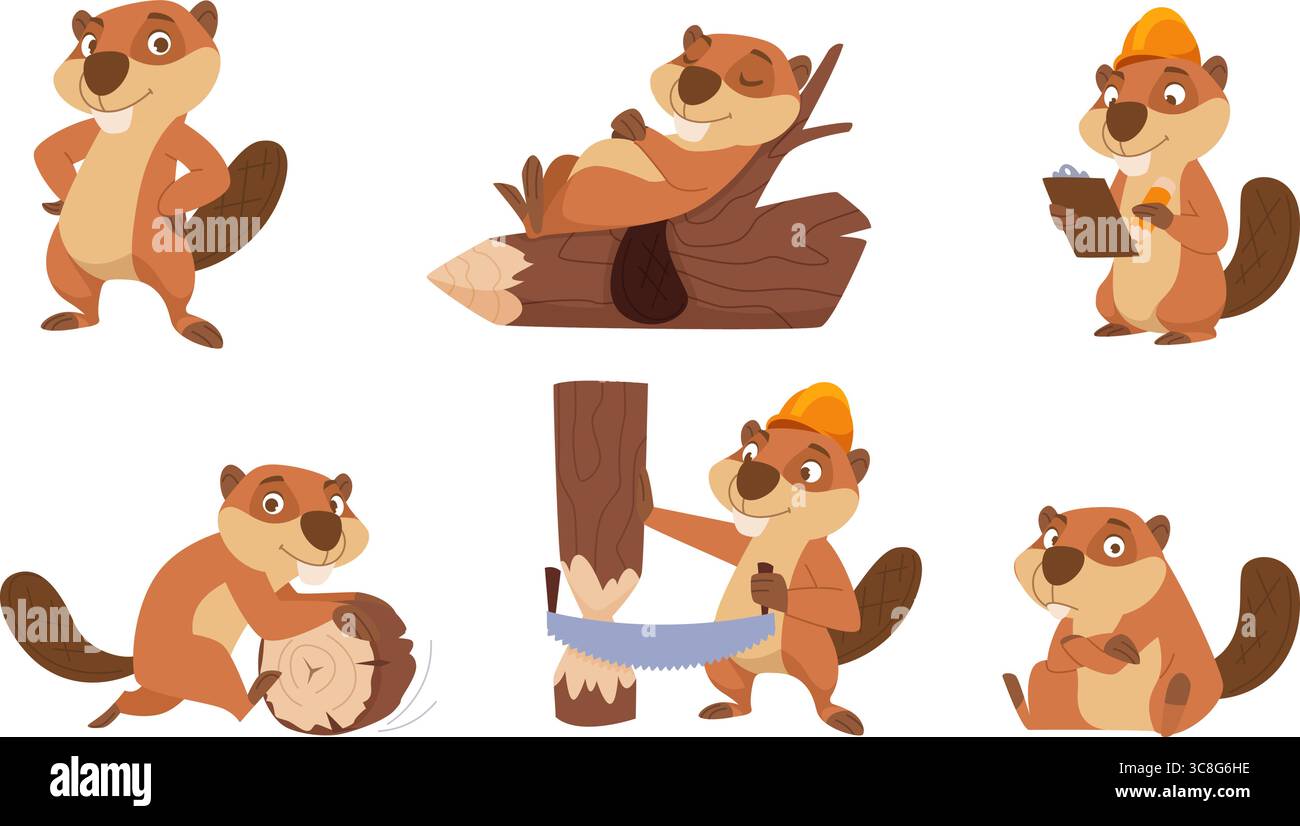 Castori. Animali selvatici della foresta che lavorano con i castori di cartoni animati vettoriali Illustrazione Vettoriale