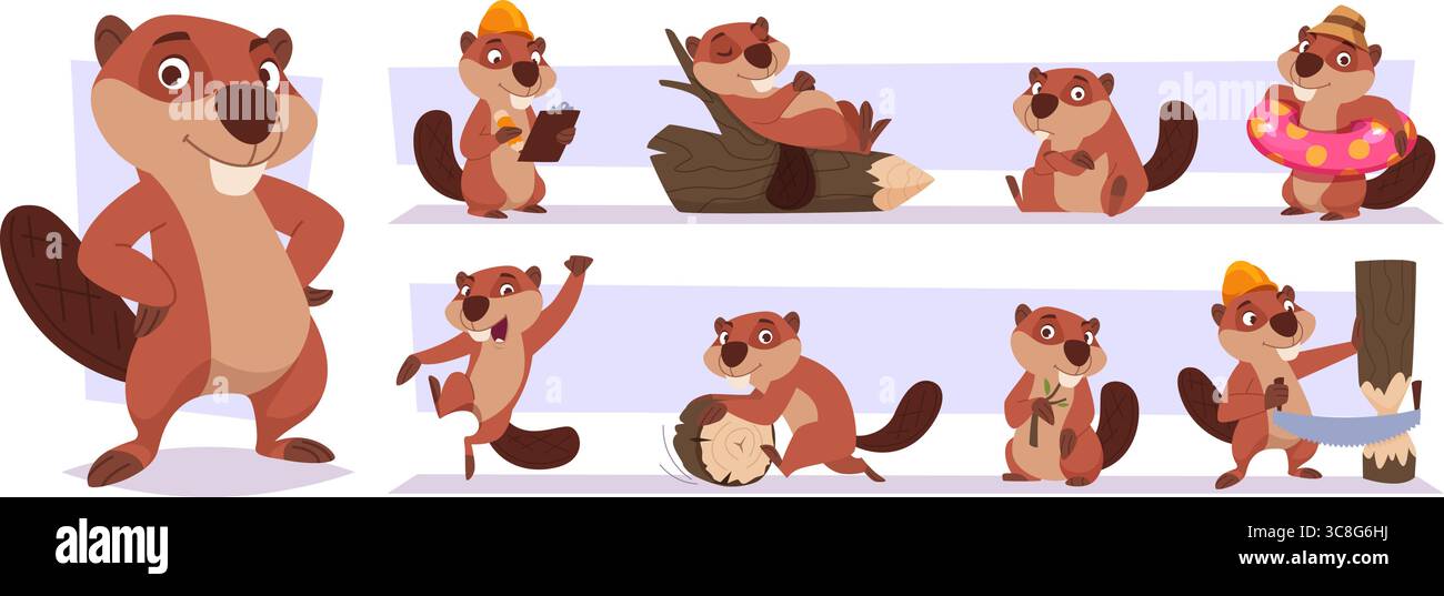 Castori di cartoni animati. Carini castori di animali della foresta che lavorano su modelli vettoriali esatti del fiume Illustrazione Vettoriale