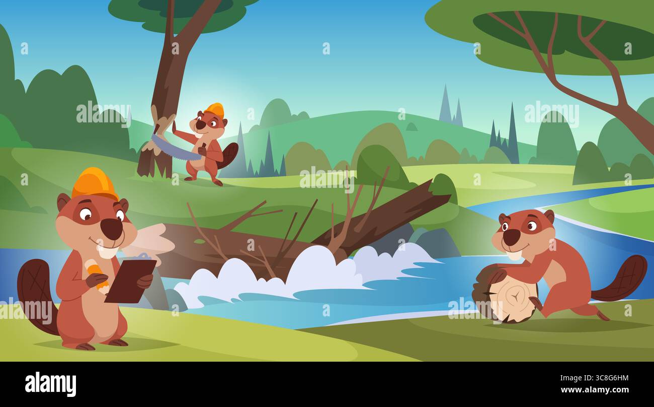 Beavers al lavoro. Cartoni animati animali selvatici castori che costruiscono una diga esatta illustrazione vettoriale all'aperto Illustrazione Vettoriale