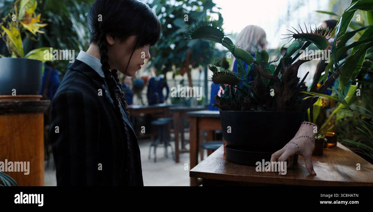 Wednesday è una serie televisiva statunitense basata sul personaggio Wednesday Addams di Charles Addams. Creato da Alfred Gough e Miles Millar, vede Jenna Ortega come protagonista, con Gwendoline Christie, Riki Lindhome, Jamie McShane, Hunter Doohan, Percy Hynes White, Emma Myers, Joy Sunday, Georgie Farmer, Naomi J. Ogawa, Christina Ricci e Moosa Mostafa appaiono in ruoli secondari. Foto Stock