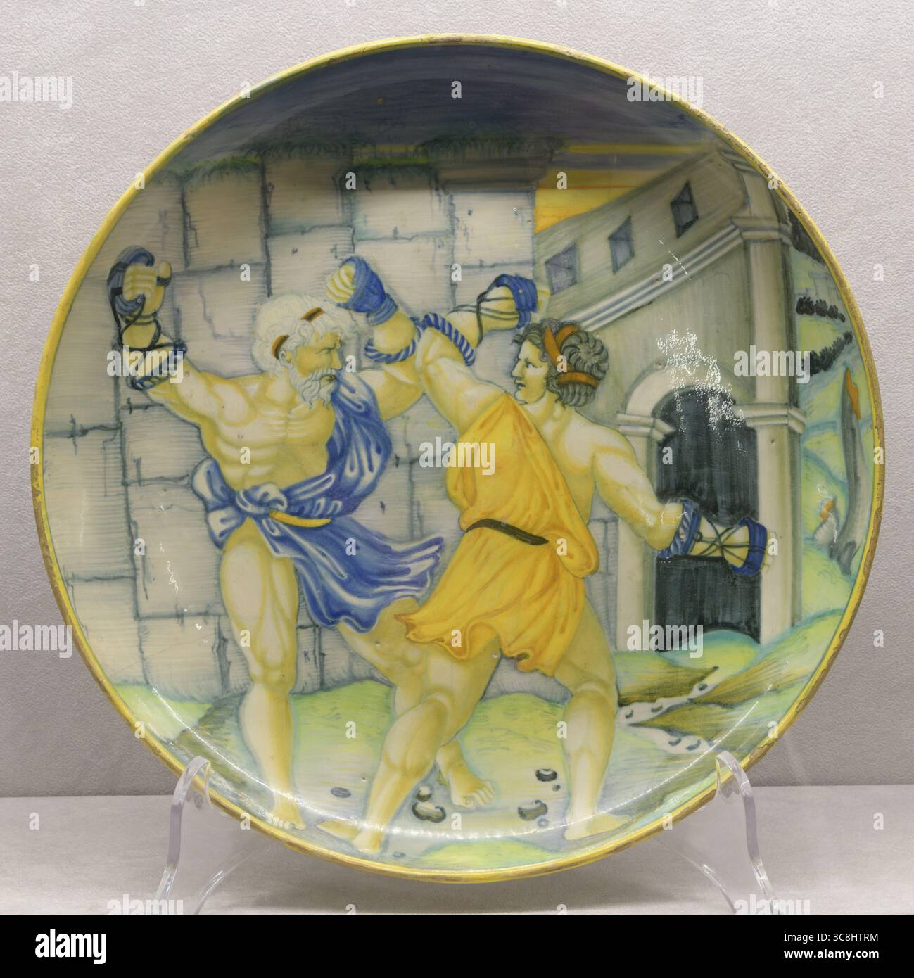 Piatto maiolica raffigurante "Entellus and Days" in una scena di battaglia, dipinto in stile Casteldurante, ca. 1520-1530, Italia. Foto Stock
