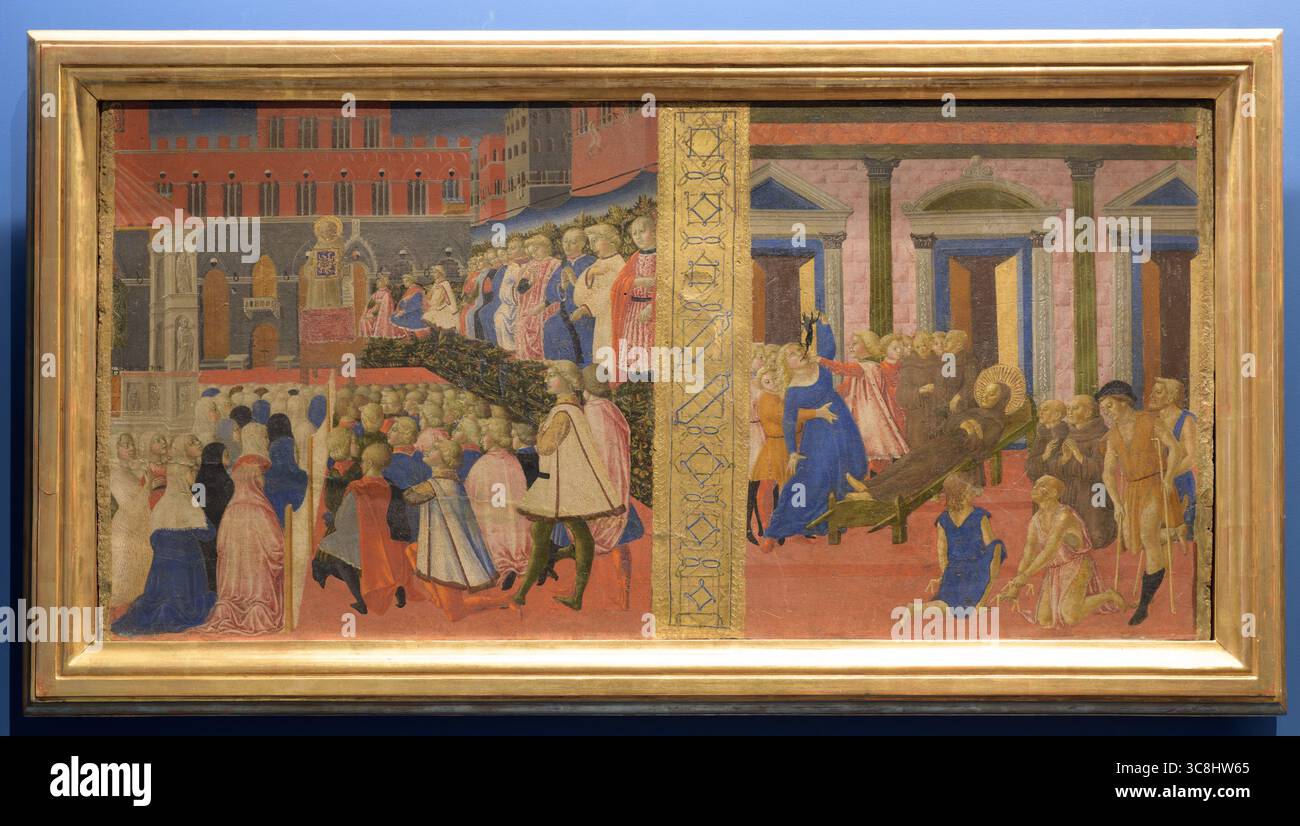 "La predicazione di San Bernardino e l'esorcismo della donna posseduta" (c.1470) di Neroccio de Landi, Museo Civico, Palazzo pubblico, Siena, Ita Foto Stock
