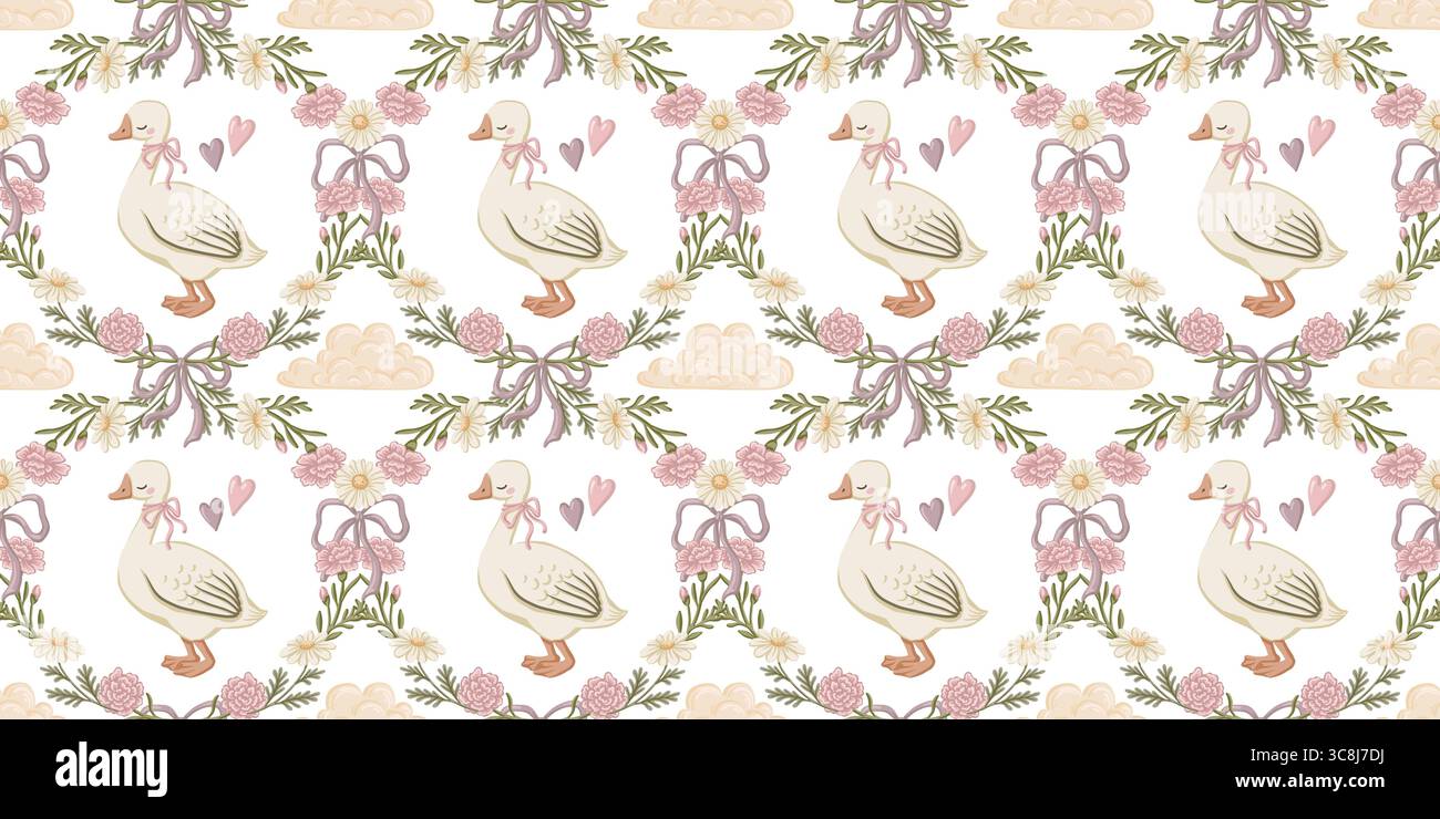 Fiocco d'oca floreale senza cuciture con fiocco e cuore rosa. Design Coquette con garofano e fiori a margherita. Sfondo pastello per tessuti e. Illustrazione Vettoriale